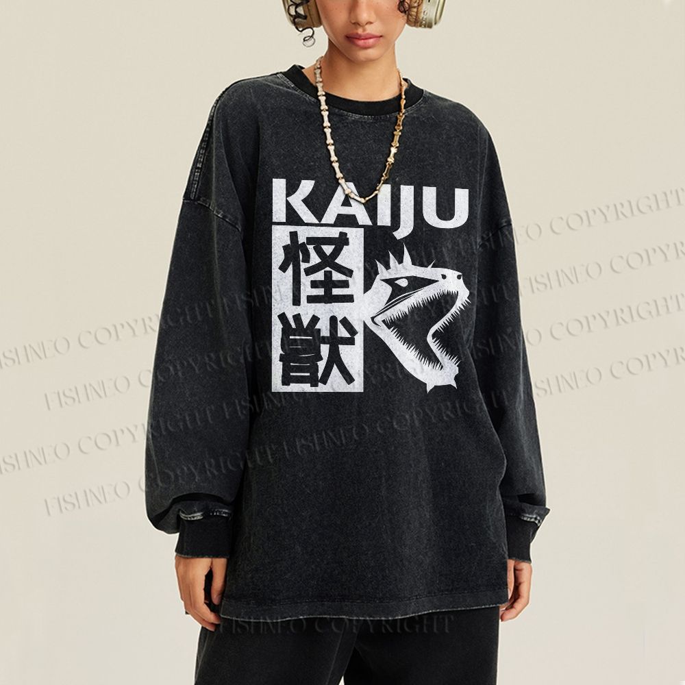 Unisex Casual Washed Monster Printed Long Sleeve T-shirt