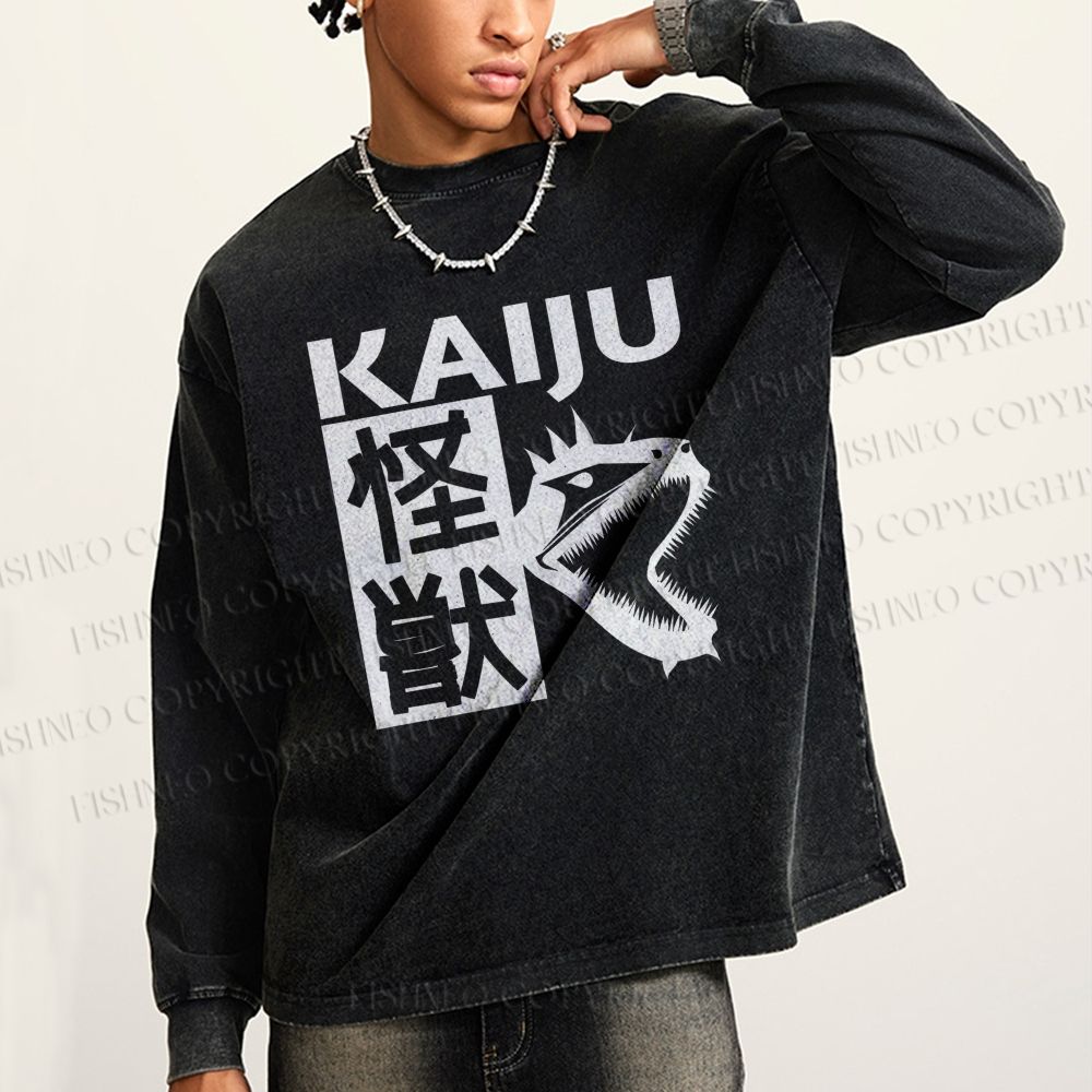 Unisex Casual Washed Monster Printed Long Sleeve T-shirt