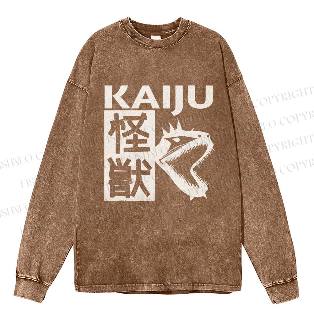 Unisex Casual Washed Monster Printed Long Sleeve T-shirt