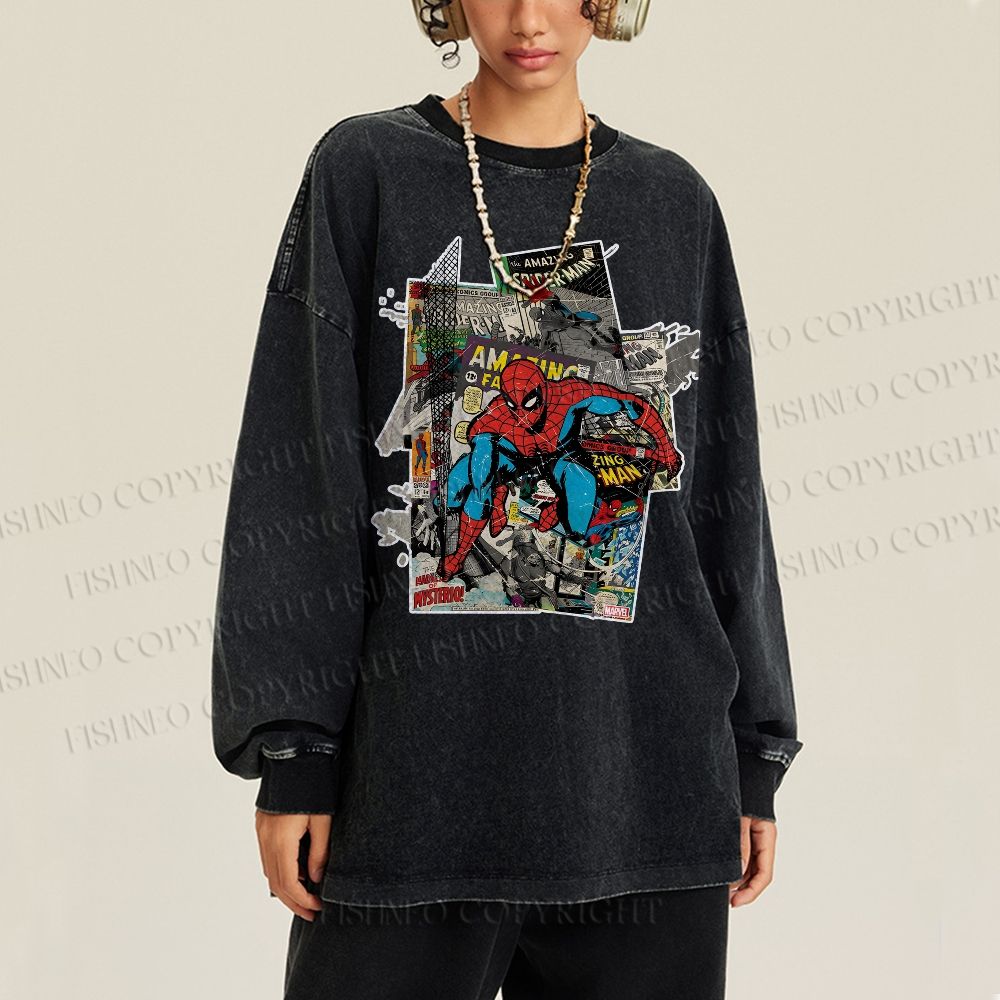 Unisex Casual Washed Spider-Man Printed Long Sleeve T-shirt