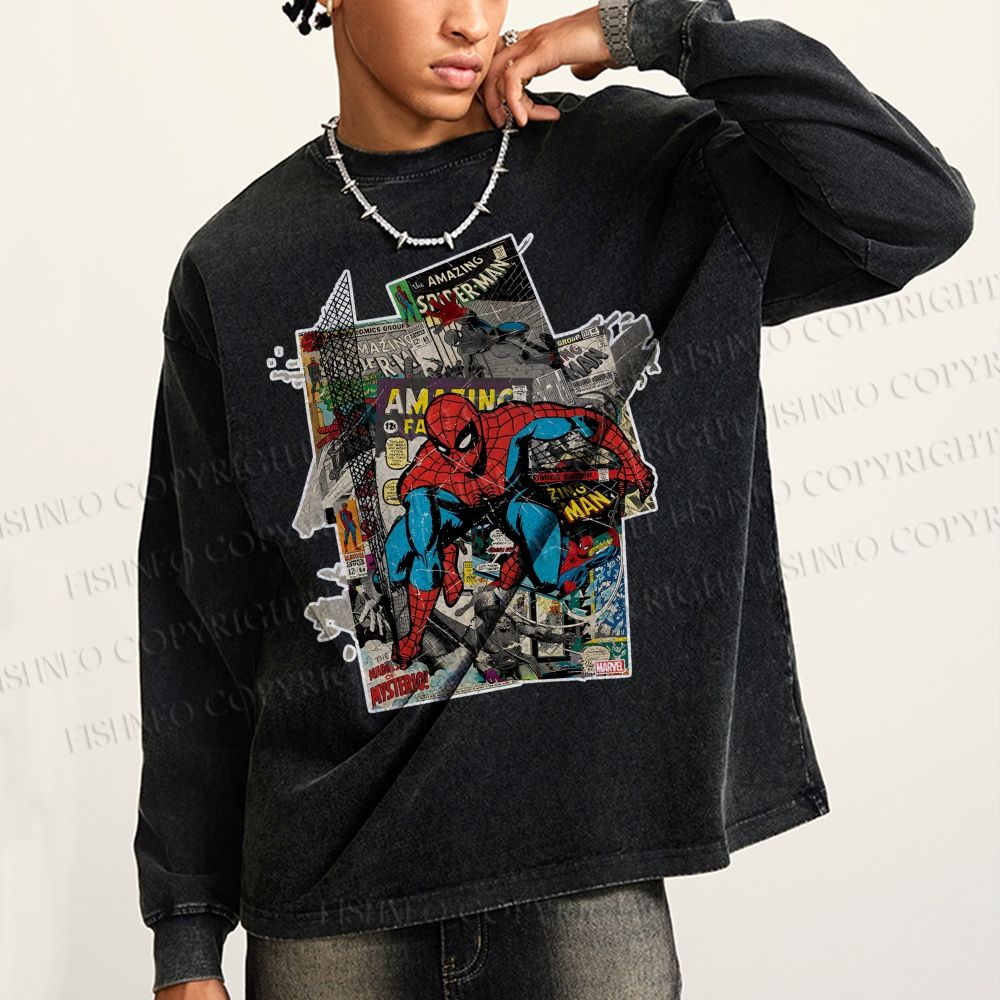 Unisex Casual Washed Spider-Man Printed Long Sleeve T-shirt