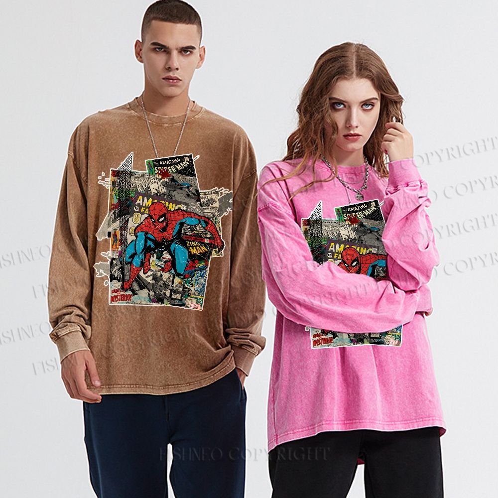Unisex Casual Washed Spider-Man Printed Long Sleeve T-shirt