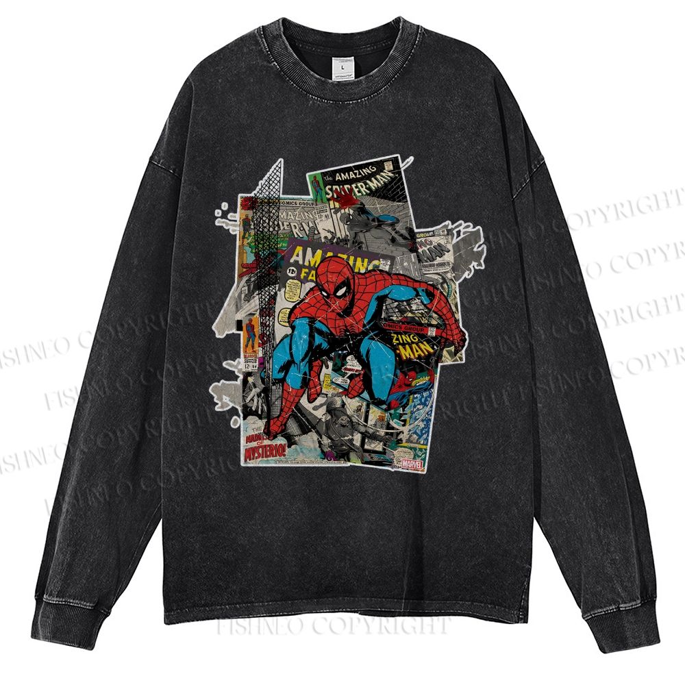 Unisex Casual Washed Spider-Man Printed Long Sleeve T-shirt