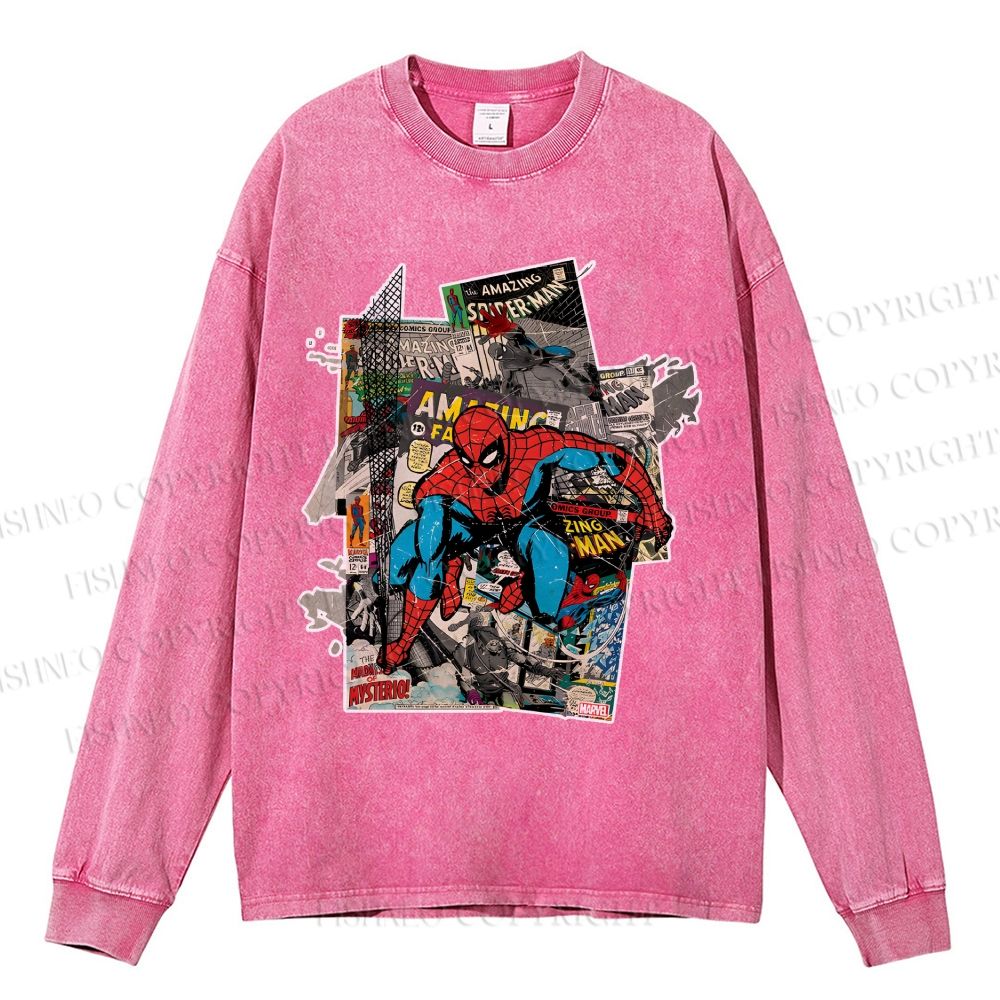 Unisex Casual Washed Spider-Man Printed Long Sleeve T-shirt
