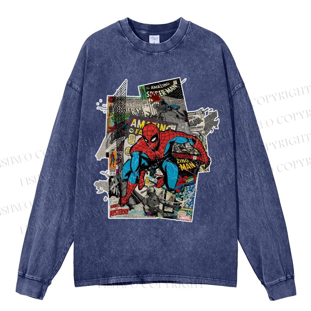 Unisex Casual Washed Spider-Man Printed Long Sleeve T-shirt