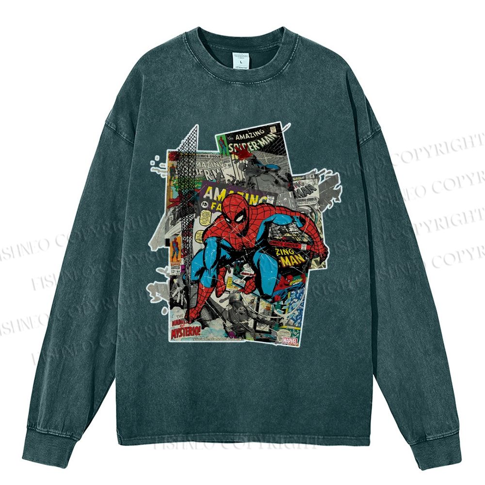 Unisex Casual Washed Spider-Man Printed Long Sleeve T-shirt