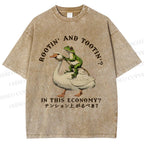 Unisex Goose And Frog Printed Washed Tee