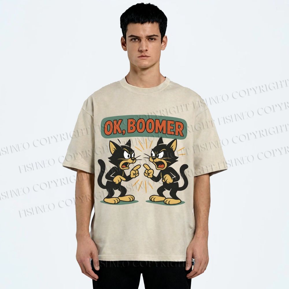 Unisex Boomer Cat Printed Washed Tee