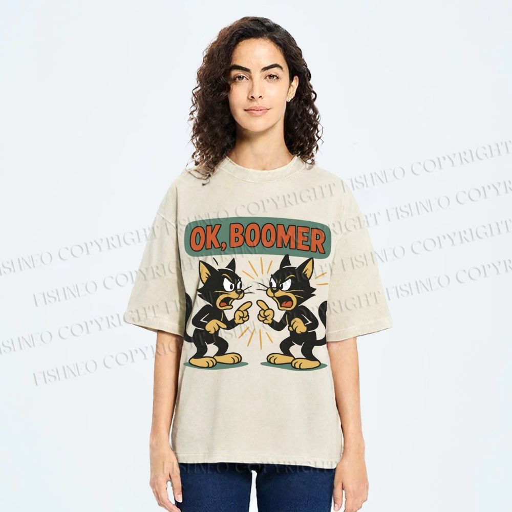 Unisex Boomer Cat Printed Washed Tee