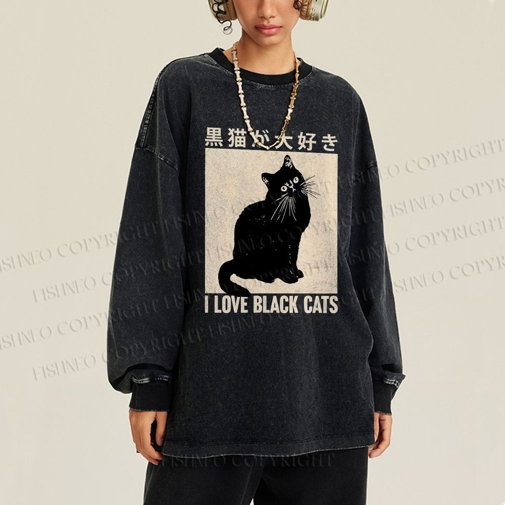 Unisex Casual Washed I Love Black Cats Printed Long Sleeve T-shirt