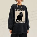 Unisex Casual Washed I Love Black Cats Printed Long Sleeve T-shirt