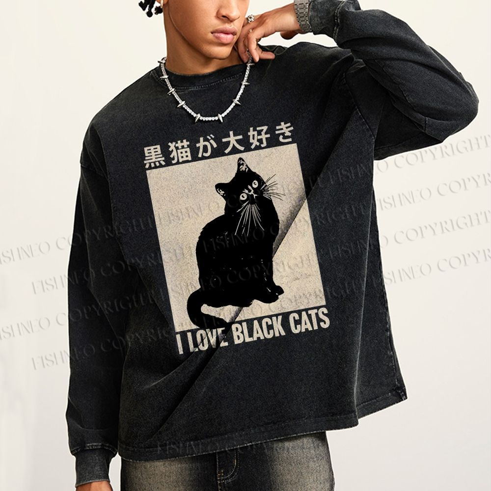 Unisex Casual Washed I Love Black Cats Printed Long Sleeve T-shirt