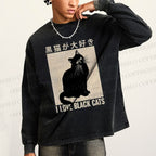 Unisex Casual Washed I Love Black Cats Printed Long Sleeve T-shirt