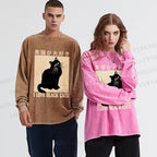 Unisex Casual Washed I Love Black Cats Printed Long Sleeve T-shirt