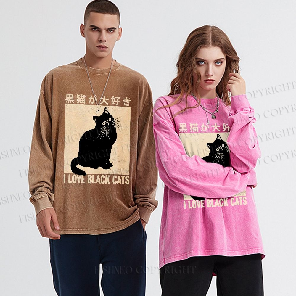 Unisex Casual Washed I Love Black Cats Printed Long Sleeve T-shirt