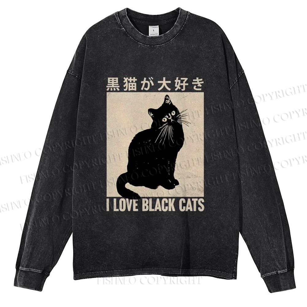 Unisex Casual Washed I Love Black Cats Printed Long Sleeve T-shirt