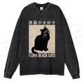 Unisex Casual Washed I Love Black Cats Printed Long Sleeve T-shirt