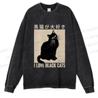 Unisex Casual Washed I Love Black Cats Printed Long Sleeve T-shirt
