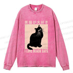 Unisex Casual Washed I Love Black Cats Printed Long Sleeve T-shirt