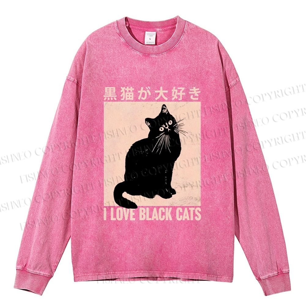 Unisex Casual Washed I Love Black Cats Printed Long Sleeve T-shirt