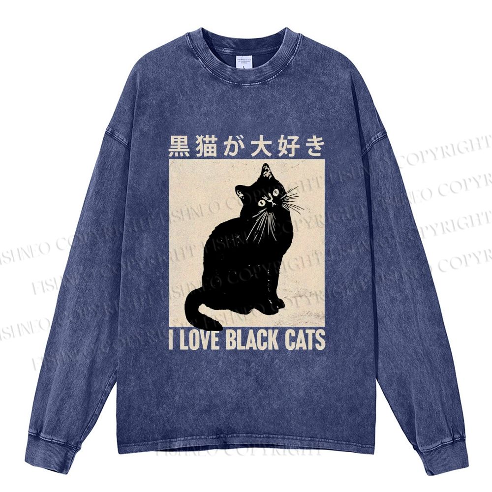 Unisex Casual Washed I Love Black Cats Printed Long Sleeve T-shirt
