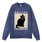 Unisex Casual Washed I Love Black Cats Printed Long Sleeve T-shirt