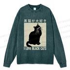 Unisex Casual Washed I Love Black Cats Printed Long Sleeve T-shirt