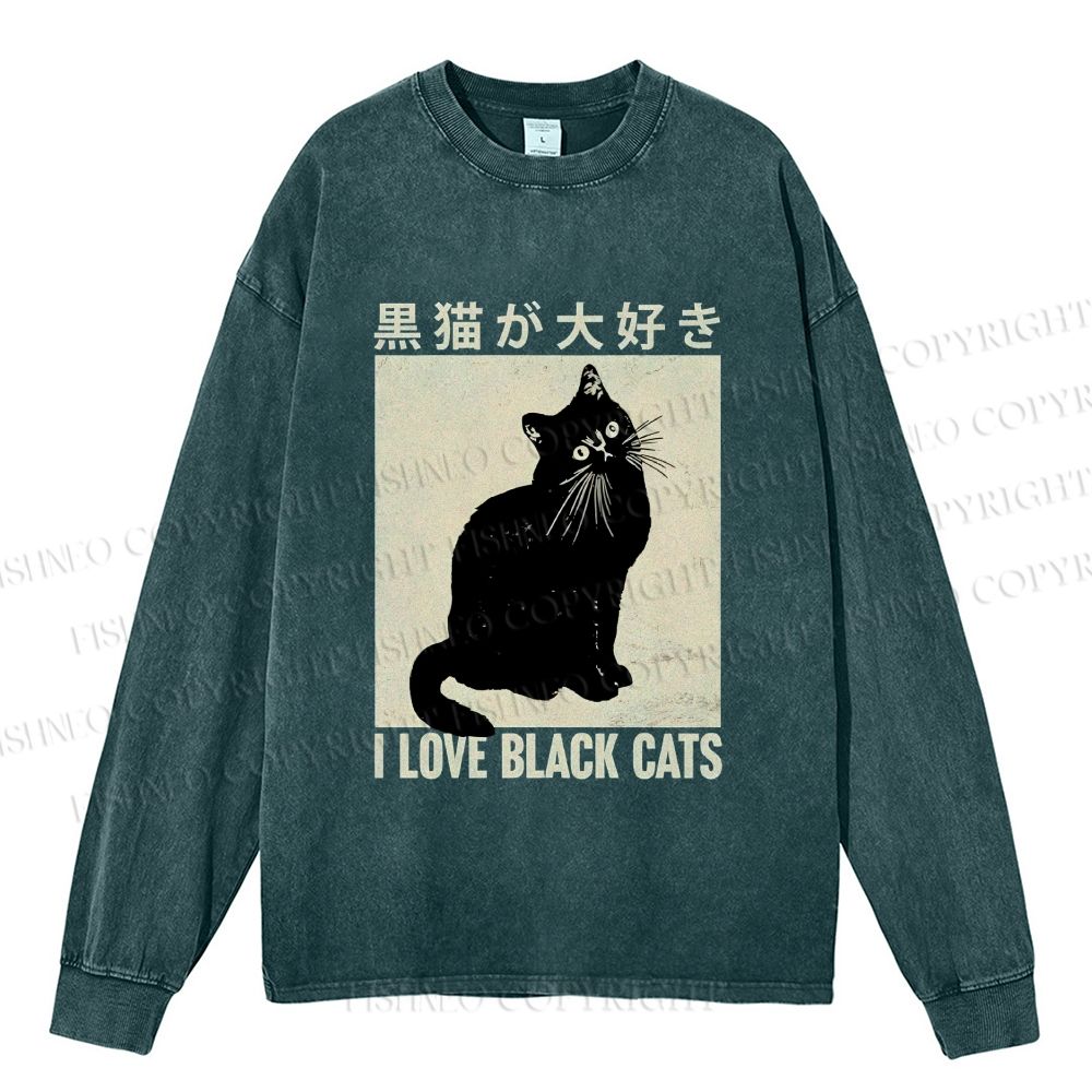 Unisex Casual Washed I Love Black Cats Printed Long Sleeve T-shirt