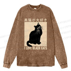 Unisex Casual Washed I Love Black Cats Printed Long Sleeve T-shirt