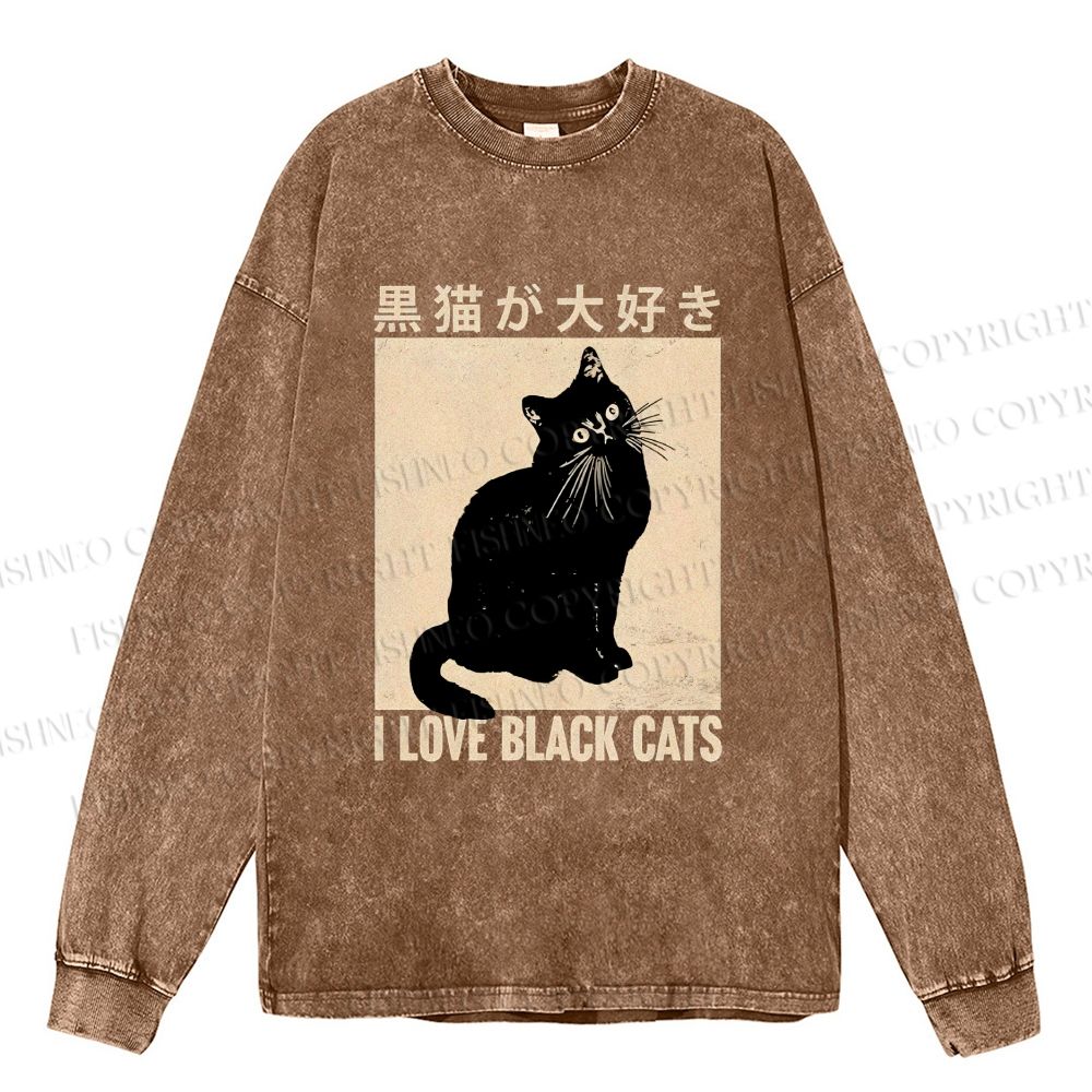 Unisex Casual Washed I Love Black Cats Printed Long Sleeve T-shirt
