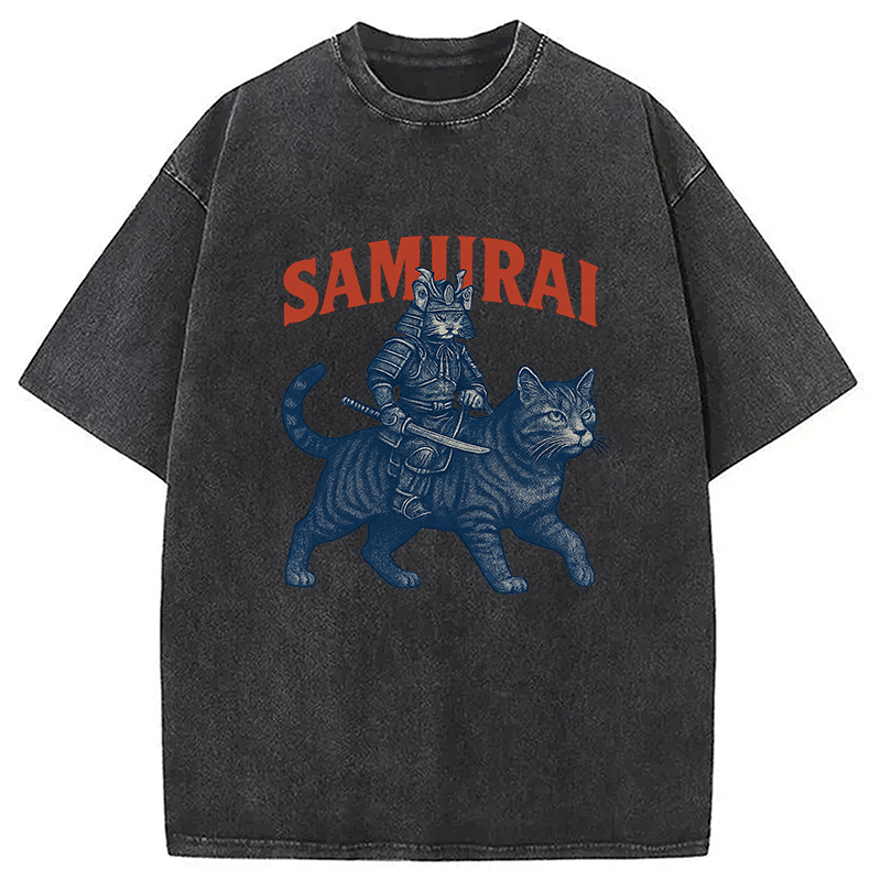 Funny Samurai Cat Washed T-Shirt