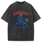 Funny Samurai Cat Washed T-Shirt