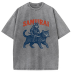 Funny Samurai Cat Washed T-Shirt