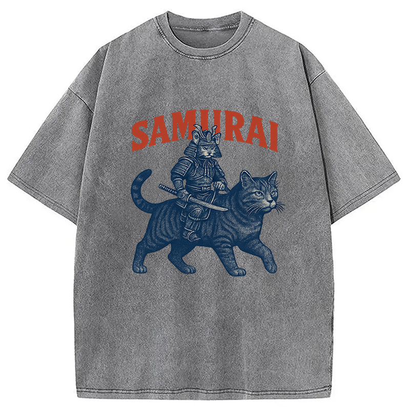 Funny Samurai Cat Washed T-Shirt