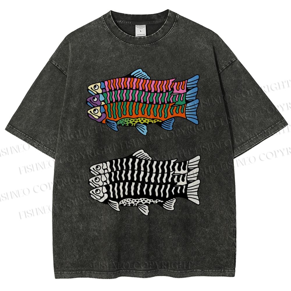 Unisex Colorful Black And White Fish Printed Washed Tee