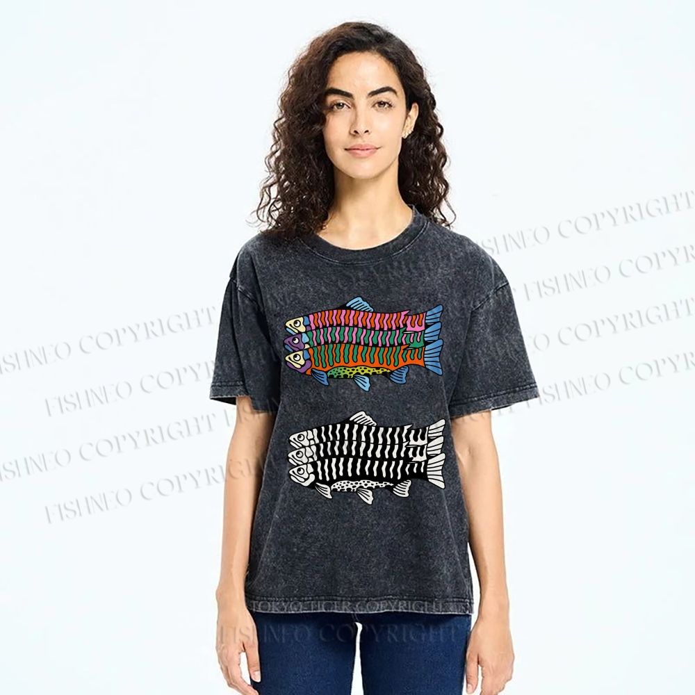 Unisex Colorful Black And White Fish Printed Washed Tee