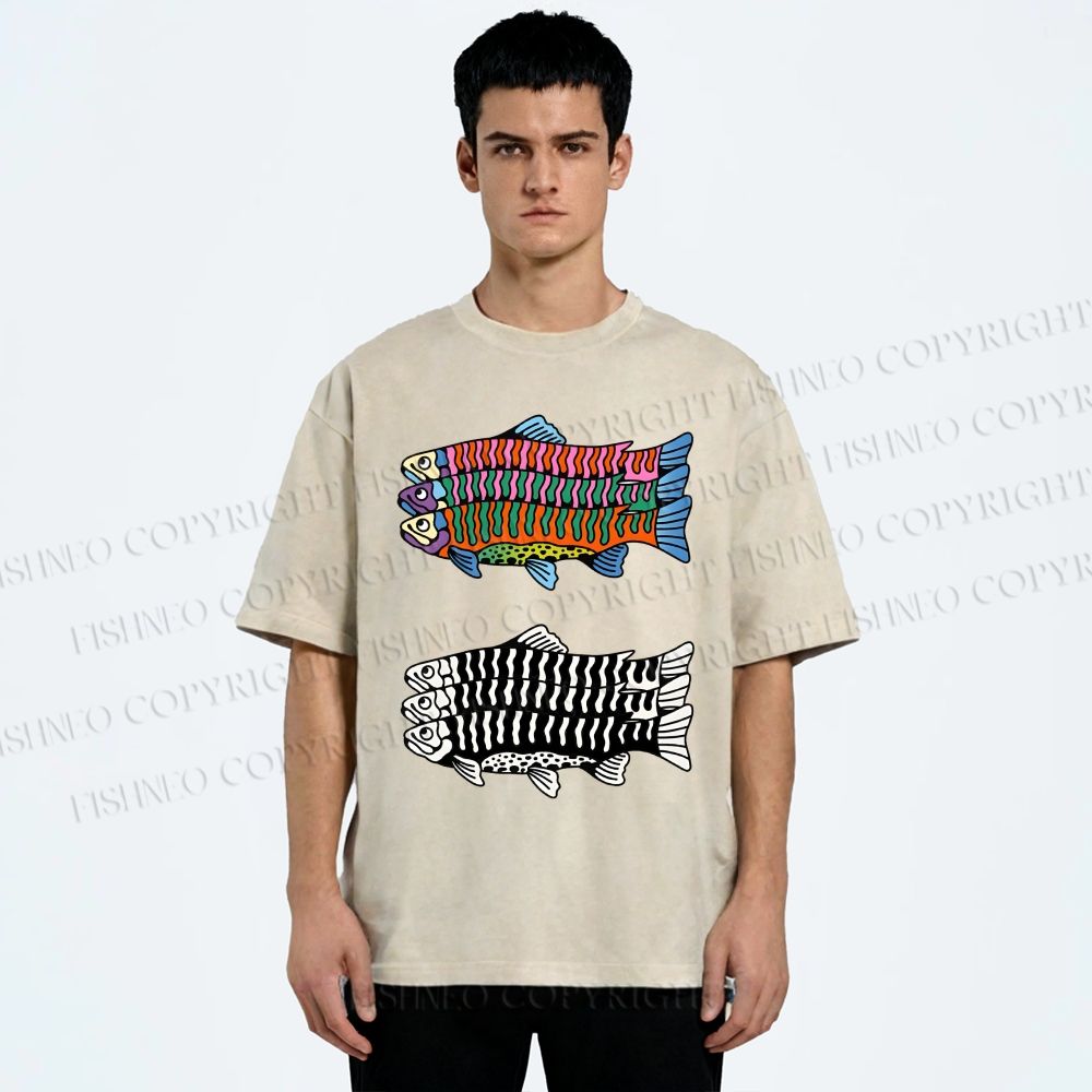 Unisex Colorful Black And White Fish Printed Washed Tee
