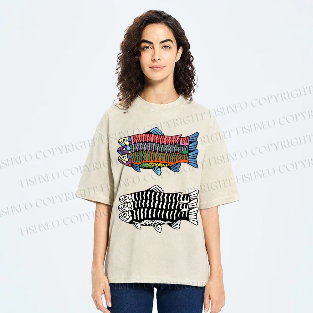 Unisex Colorful Black And White Fish Printed Washed Tee