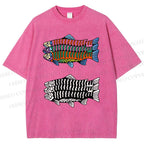 Unisex Colorful Black And White Fish Printed Washed Tee