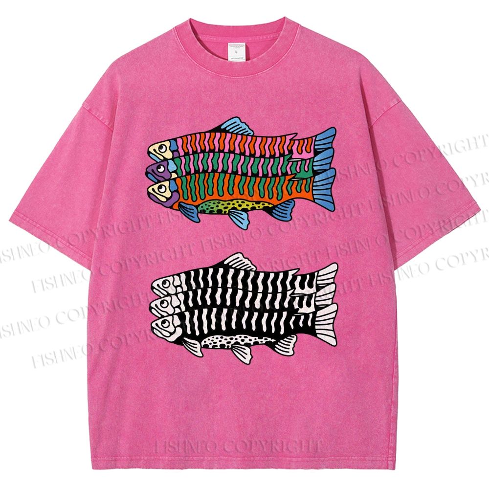 Unisex Colorful Black And White Fish Printed Washed Tee