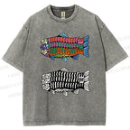 Unisex Colorful Black And White Fish Printed Washed Tee