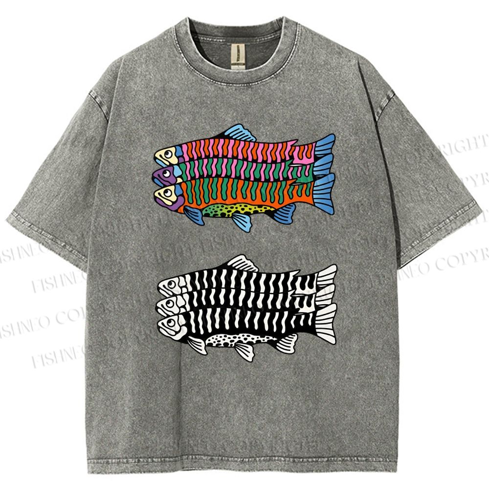 Unisex Colorful Black And White Fish Printed Washed Tee