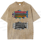 Unisex Colorful Black And White Fish Printed Washed Tee