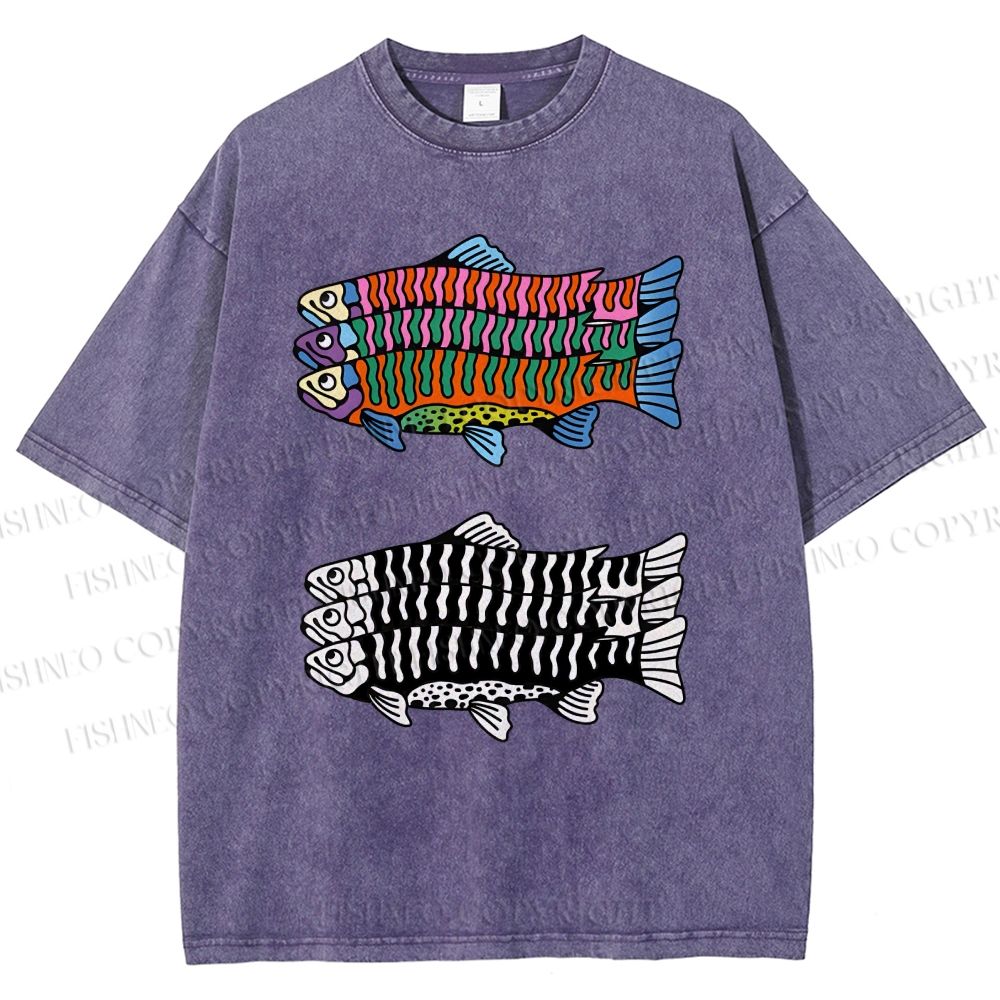 Unisex Colorful Black And White Fish Printed Washed Tee