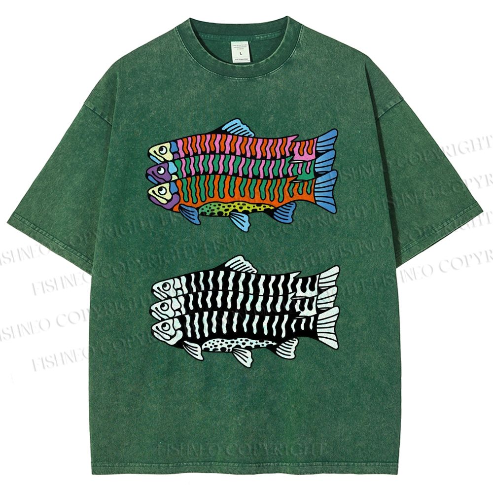 Unisex Colorful Black And White Fish Printed Washed Tee