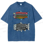 Unisex Colorful Black And White Fish Printed Washed Tee