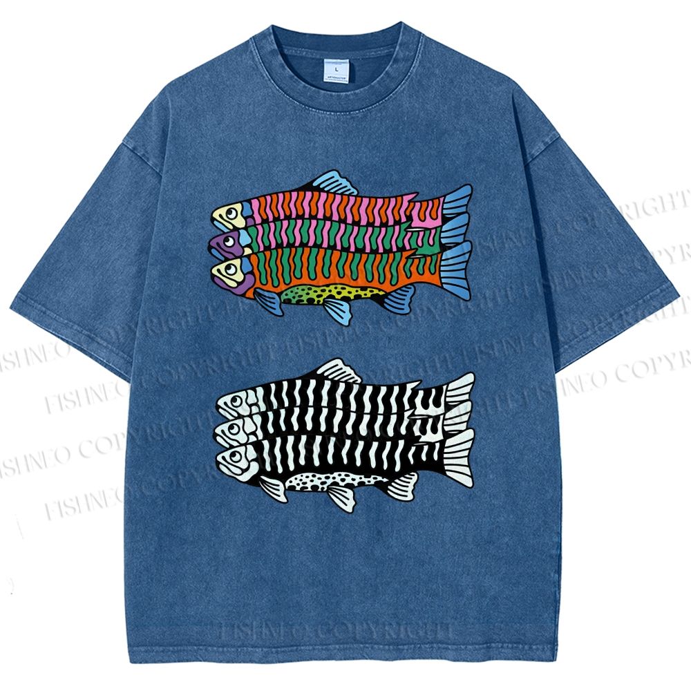 Unisex Colorful Black And White Fish Printed Washed Tee