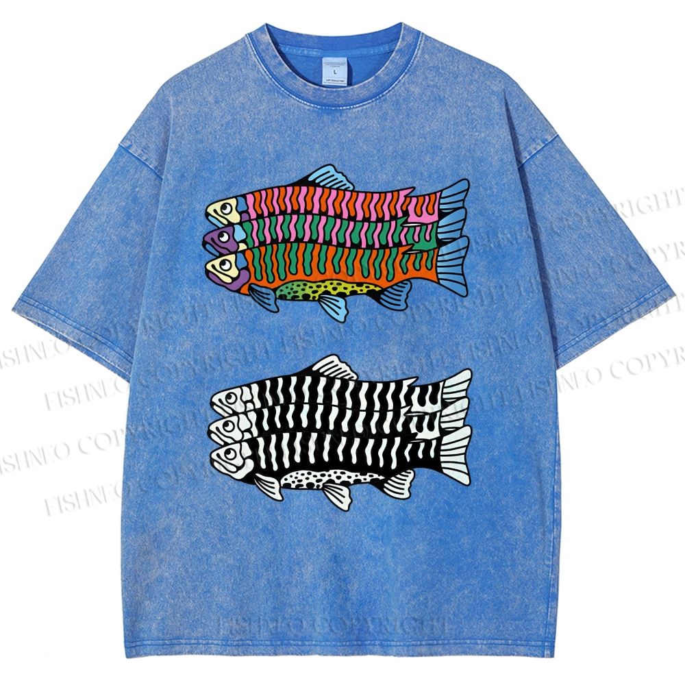 Unisex Colorful Black And White Fish Printed Washed Tee
