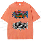 Unisex Colorful Black And White Fish Printed Washed Tee