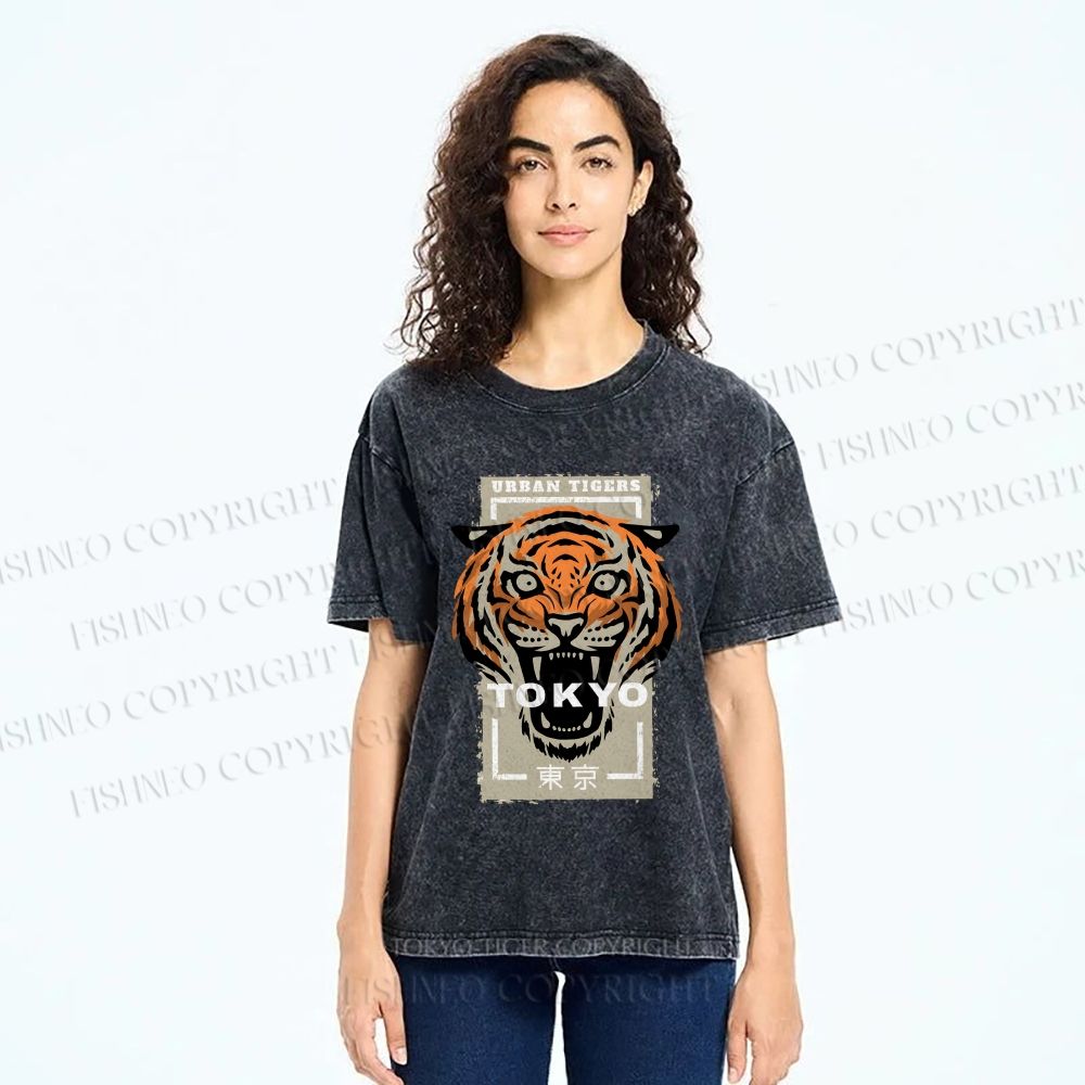 Unisex Tokyo Tiger Printed Washed Tee